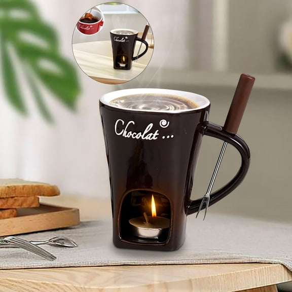 WNFJR Chocolate Fondue Mugs with Forks, Chocolate Fondue Mug, Chocolate Melting Mug, Ceramic Chocolate Melting Cup, Multi-Purpose Fondue Coffee Cup
