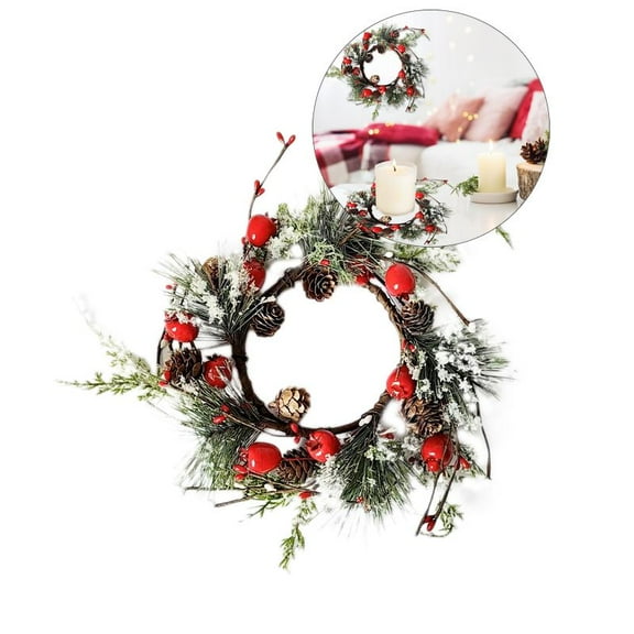 WNFJR Christmas Candle Rings Artificial Red Berries Snowy Pine Needles Garland Candle Rings Wreaths Candle Rings for Pillars Rustic Wedding Centerpiece Christmas Table Decoration for Front Door