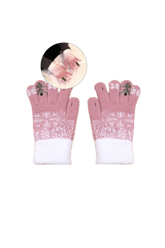 Christmas Tree Snowflake Warm Gloves - Touchscreen Compatible Padded Knitted Plush Mittens, Thick & Soft Polyester