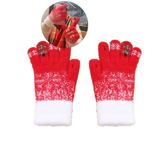 WNFJR Christmas Tree Snowflake Warm Gloves - Touchscreen Compatible Padded Knitted Plush Mittens, Thick & Soft Polyester