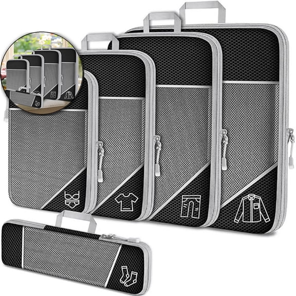 WNFJR Compression Packing Cubes, Extensible Storage Mesh Bags Organizers - L+M+S+XS+Slim+Laundry Bag(Black)
