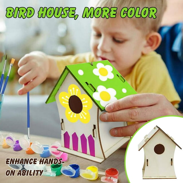 WNFJR DIY Birdhouse Kit, 30ml Paint, 12 Colors, Safe Wood Craft, Easy Assembly, Puzzle Style, Perfect Kids' Gift for Creative Fun & Bird Lovers, Includes Brushes & Rope