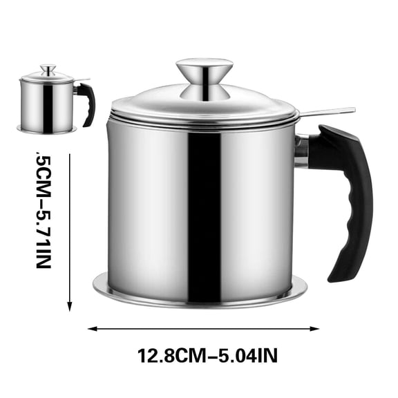 WNFJR Grease Container with Wooden Handle for Kitchen Oil Storage - Iron Cooking Oil Can with Strainer and fl oz Measurement