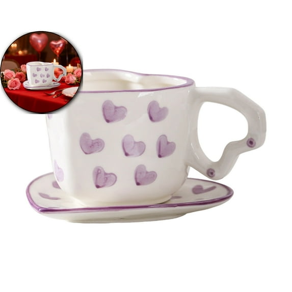 WNFJR Heart Shaped Ceramic Coffee Mug Set with Saucer, Cute Creative Cup Unique Irregular Saucer Design for Office and Home
