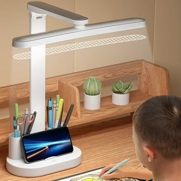 WNFJR LED Desk Lamp with Pen/ Phone Holder Rechargeable Double Heads Study Desk Light Digital Clock Desk Lamp Night Light Modes Touch Control