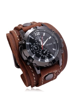 Men's Vintage Hand-Stitched Cowhide Steampunk Wrist Watch, Quartz Movement, High-Quality Vegetable-Tanned Leather Band