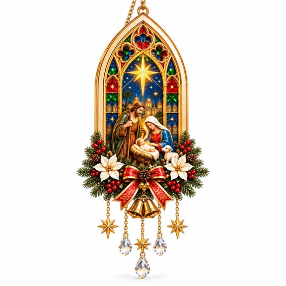 WNFJR Nativity Wind Chime Ornament, Holy Family Christmas Window Hanging Decor, Festive Bells Crystal Pendants, Warm String Light Effect, Holiday Home Entryway Porch Display Gift