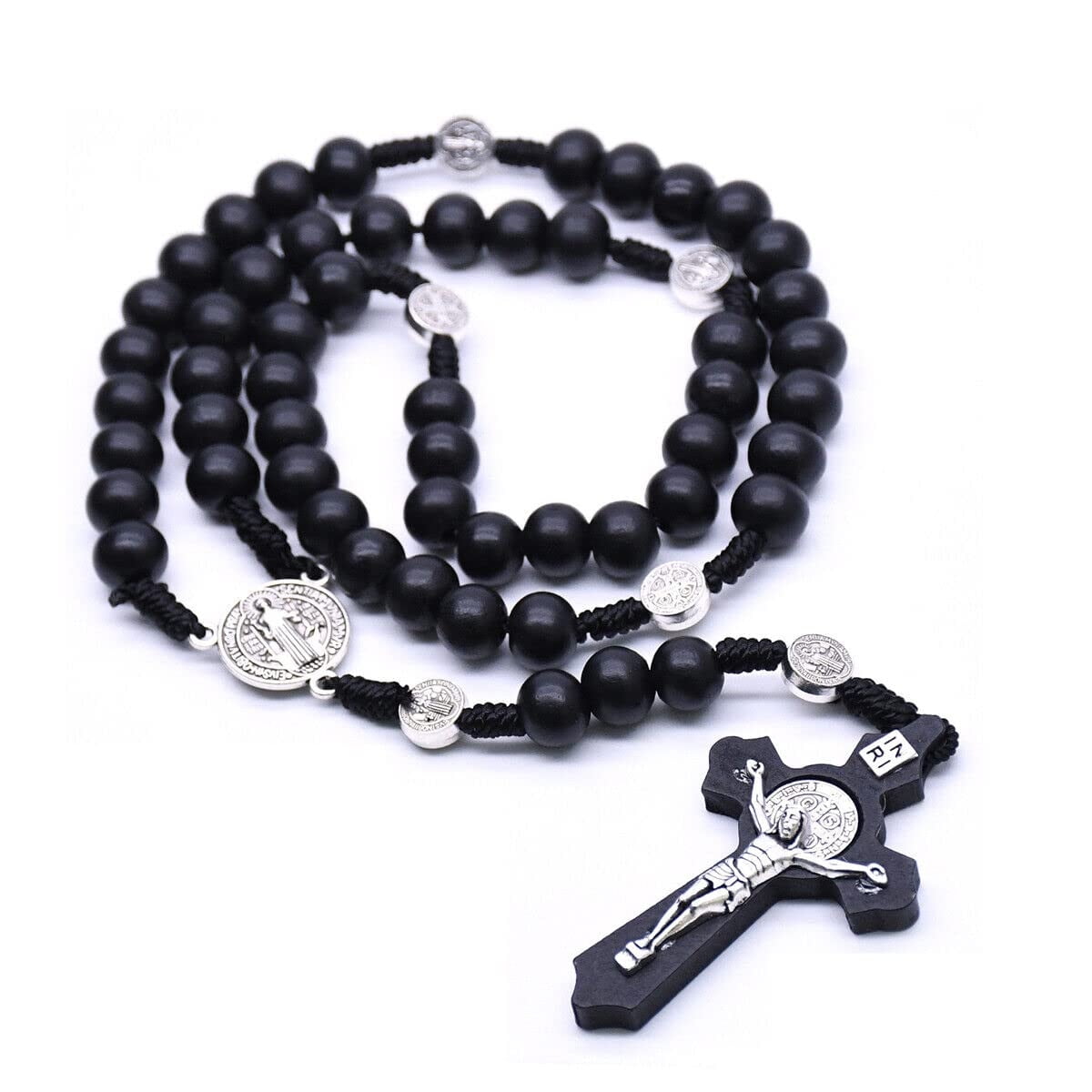 WNFJR Natural Wood St. Benedict Black Rosary Beads Necklace, Spiritual Gift for Catholics and Believers