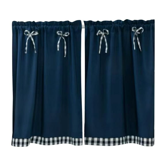 WNFJR Rustic Style Curtains, Navy Blue Checkered Drift Curtains, Light Filtering Kitchen Curtains, Easy Hang Bowknot Short Curtains