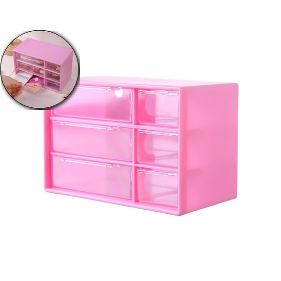 WNFJR Small Drawer Organizer for Desk, Desktop Drawer Organizer with 6 Clear Drawers, Plastic Desktop Storage Drawers, 7"x4.6"x3.8"(Pink)
