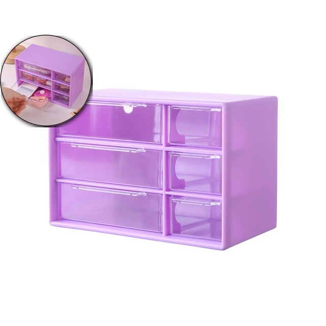 WNFJR Small Drawer Organizer for Desk, Desktop Drawer Organizer with 6 Clear Drawers, Plastic Desktop Storage Drawers, 7"x4.6"x3.8"(Purple)