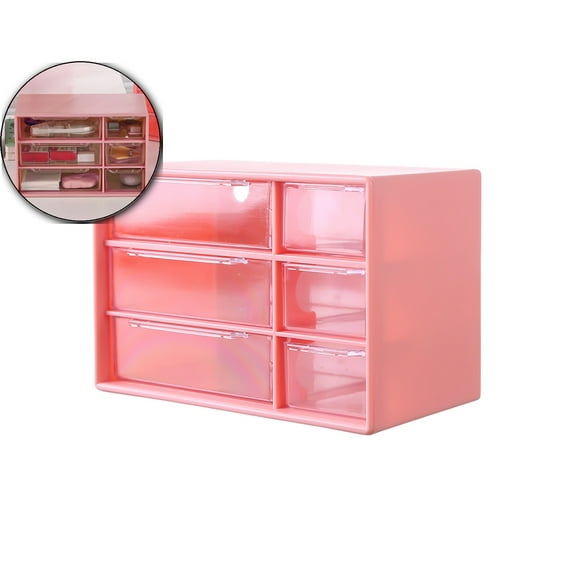 WNFJR Small Drawer Organizer for Desk, Desktop Drawer Organizer with 6 Clear Drawers, Plastic Desktop Storage Drawers, 7"x4.6"x3.8"(Watermelon Red)