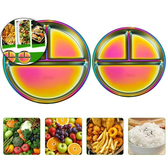 WNFJR Stainless Steel Plates, 7.8" Portion Control Plates Divided Plate for Adults, Camping Metal Snack Plate for Eating(Multicolor)