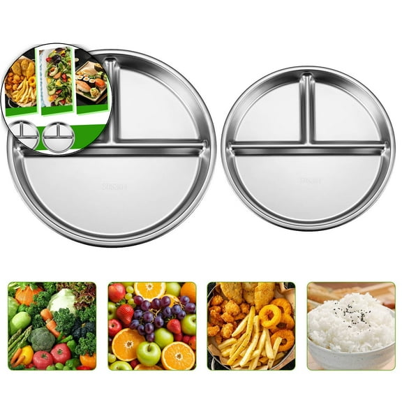WNFJR Stainless Steel Plates, 7.8" Portion Control Plates Divided Plate for Adults, Camping Metal Snack Plate for Eating(Silver)