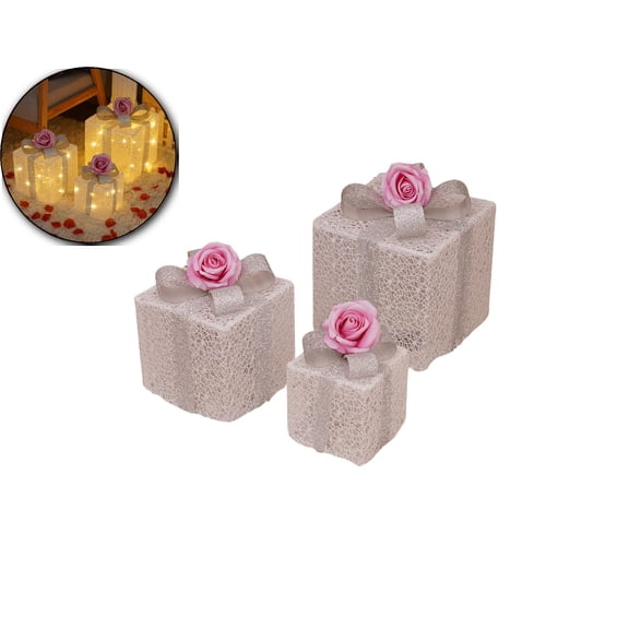 WNFJR Valentine's Day Lighted Gift Boxes with Lace Cloth, Pre-lit Lights Gift Boxes Set of 3, Light up Present Boxes Set Battery Operated for Holiday Indoor Outdoor Decorations