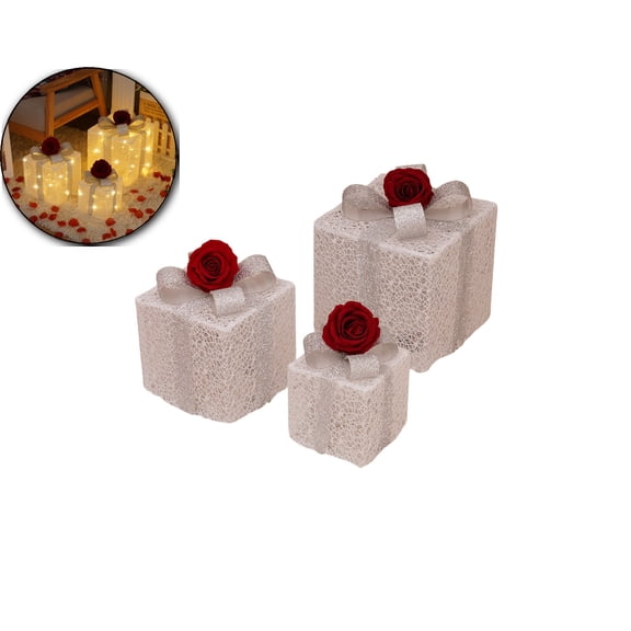 WNFJR Valentine's Day Lighted Gift Boxes with Lace Cloth, Pre-lit Lights Gift Boxes Set of 3, Light up Present Boxes Set Battery Operated for Holiday Indoor Outdoor Decorations