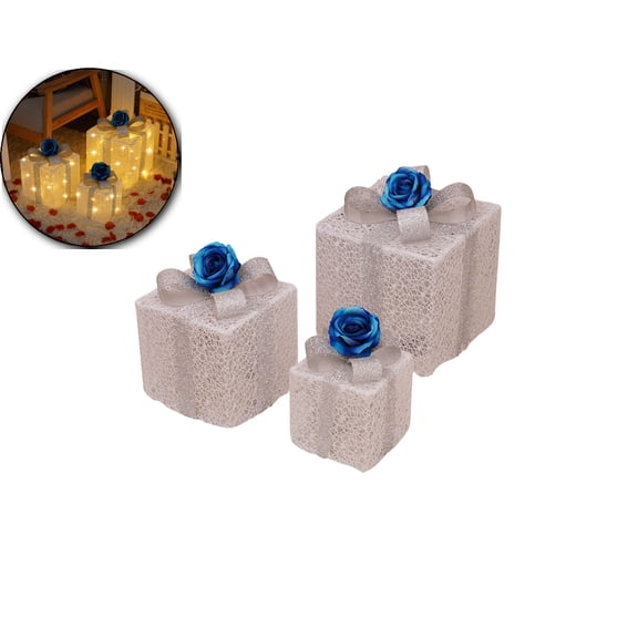 WNFJR Valentine's Day Lighted Gift Boxes with Lace Cloth, Pre-lit Lights Gift Boxes Set of 3, Light up Present Boxes Set Battery Operated for Holiday Indoor Outdoor Decorations