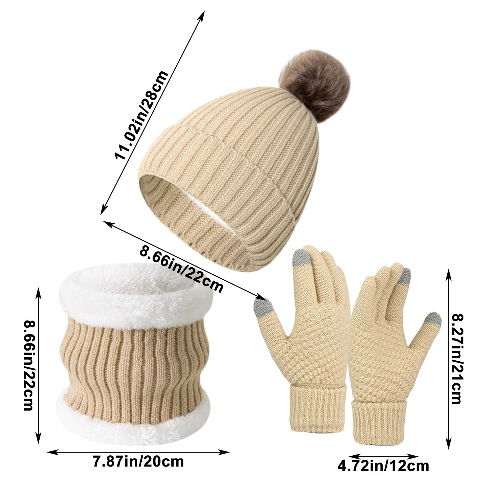 WNFJR Winter Hat Scarf Glove Set for Women - Thermal Beanie with Pom Pom, Thickened Knit Scarf, Touchscreen Non-Slip Gloves