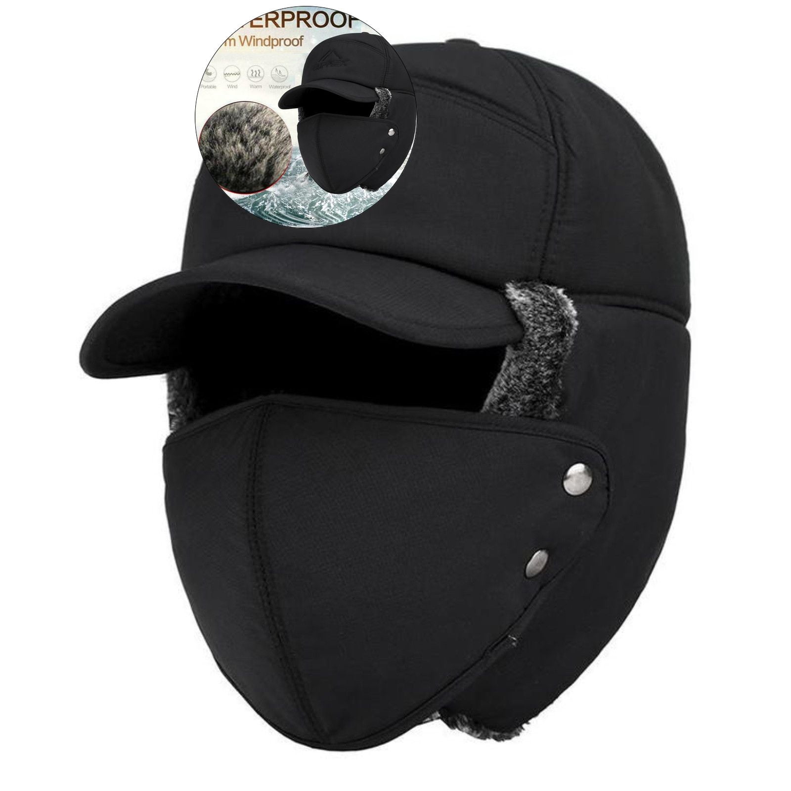 WNFJR Winter Warm Trapper Hat Cozy Faux Fur Hat with Removable Mask, Earflap & Wide Brim Baseball Cap
