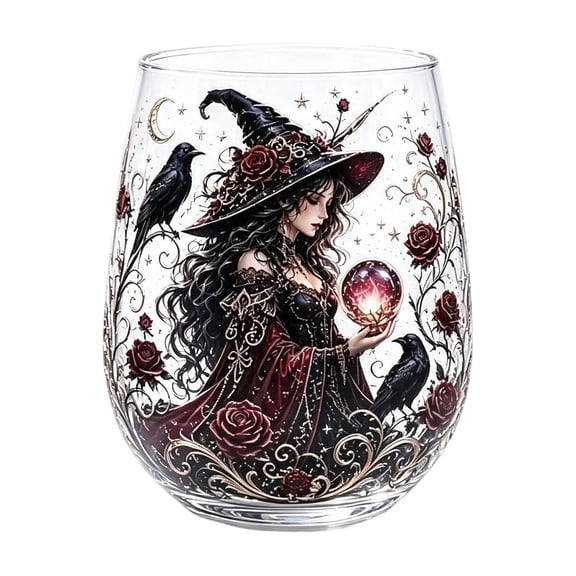 WNFJR Witch Stemless Wine Glass Set of 6, Vintage Witch Crystal Ball Gothic Glass Cups, Halloween Witch Themed Stemless Tumbler, Witchy Decor Drinking Glasses for Witch Themed Gatherings