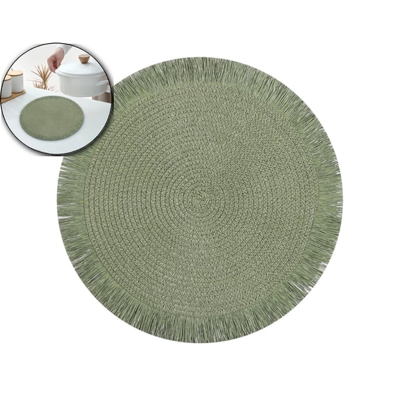 WNFJR Woven Textured Placemats with Fringe 15 Inches Round, Braided Table Mats for Home, Dining Room Décor, Banquets, Indoor & Outdoor(Green)