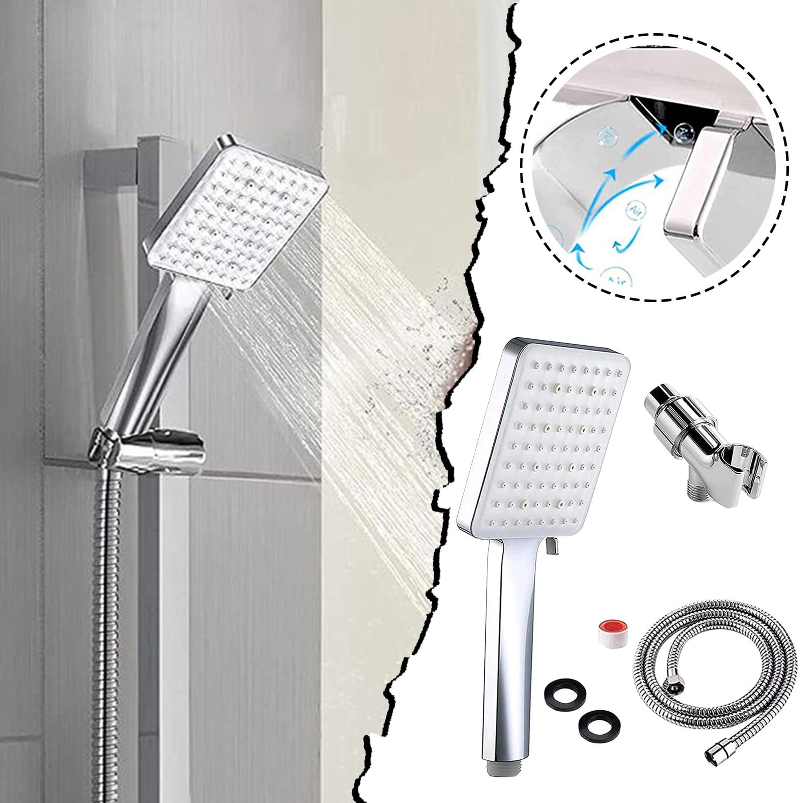 WNG Handheld Shower Head Set Square High Pressure High Flow Handheld