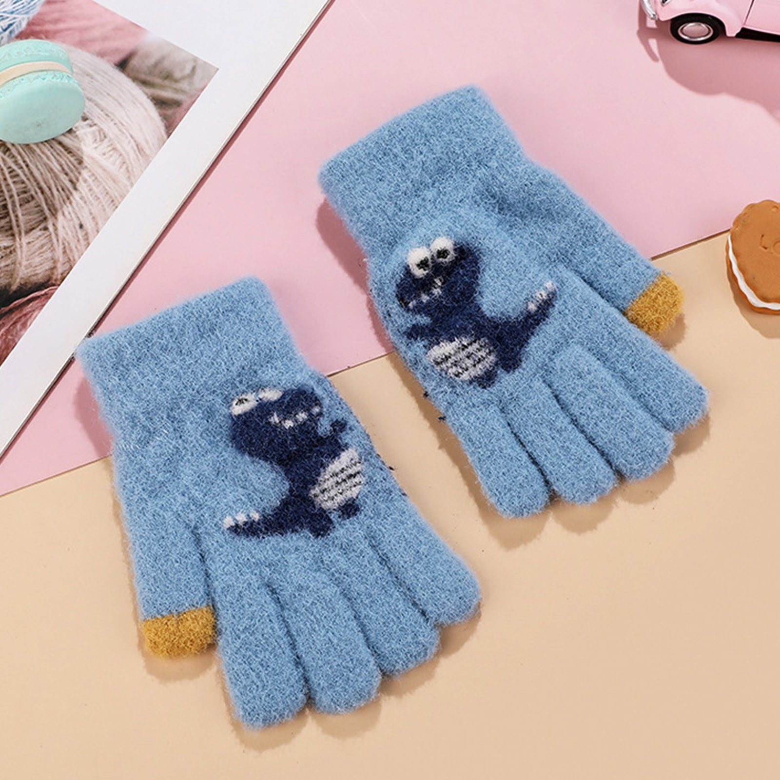 WNG Toddler Soft Cartoon Dinosaur Gloves Kids Baby Boys Girls Winter Warm Knit Fingerless Mitten