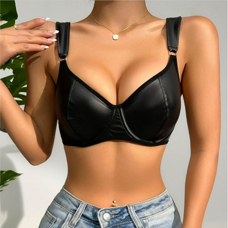 WNG Women's Pu Leather Lingerie Buckle Strappy Cut Out Bra Underwire Push  Up Bralette