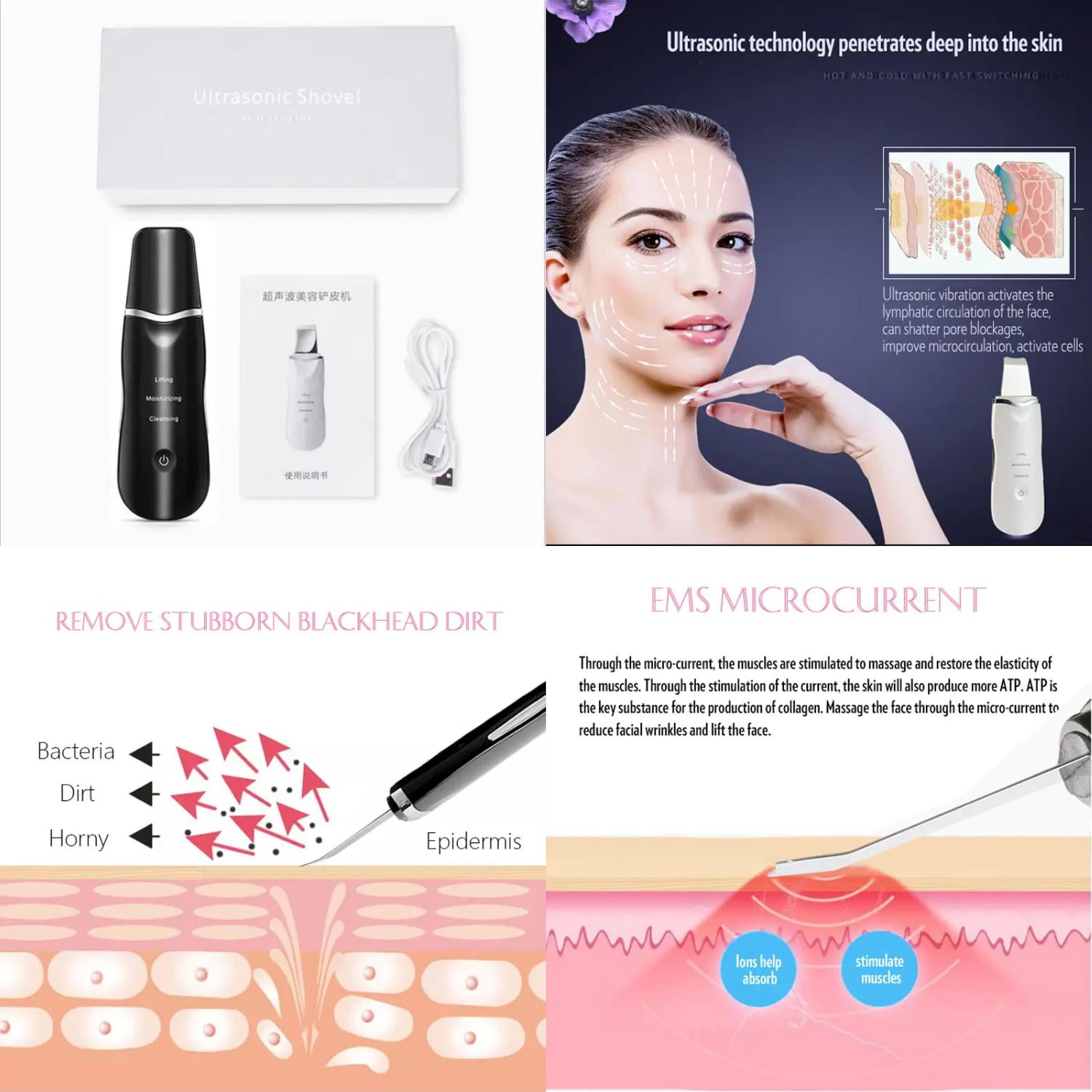 WNGXOXA Ultrasonic Cleaner Face Skin Scrubber Spatula Facial Peeling