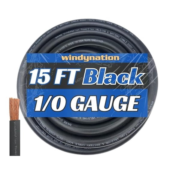WNI 1/0 Gauge 15 Feet Black 1/0 AWG Ultra Flexible Welding Battery Copper Cable Wire - - Car, Inverter, RV, Solar