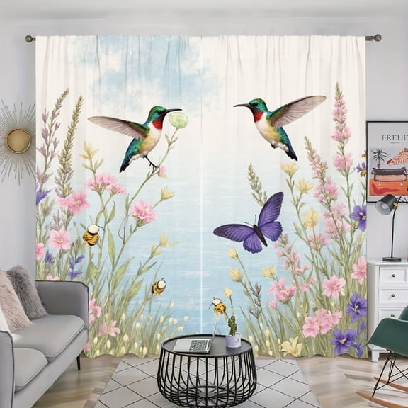WNOOHIY 2 Panels Hummingbird Butterfly Floral Light Filtering Curtains for Living Room Bedroom