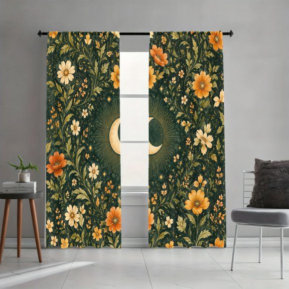 WNOOHIY 2Pcs Celestial Moon Starry Sky Floral Curtain Panels, Rod Pocket Light Filtering Window Drapes for Bedroom Dining Room Interior Decor