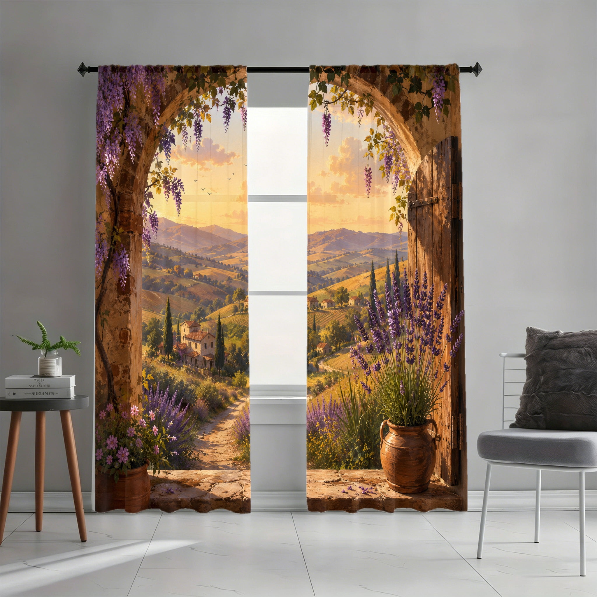WNOOHIY 2Pcs Landscape Floral Arch Vine Rural Village Vista Curtain ...