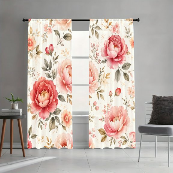 WNOOHIY 2Pcs Vintage Floral Peony Curtain Panels, Rod Pocket Light Filtering Window Drapes for Living Room Bedroom Interior Decor