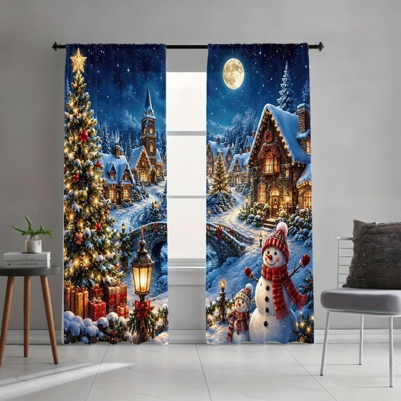 WNOOHIY 2Pcs Winter Snow Village Christmas Tree Snowman Moon Starry Sky Curtain Panels, Rod Pocket Light Filtering Window Drapes for Living Room Bedroom Study Christmas Holiday Interior Decor