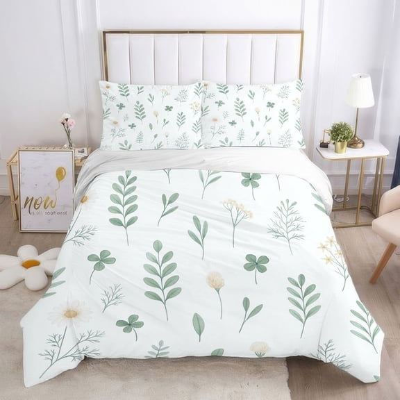 WNOOHIY 3Pcs Green Leaf Flower Duvet Cover with Pillowcases, Twin/Queen/King Size