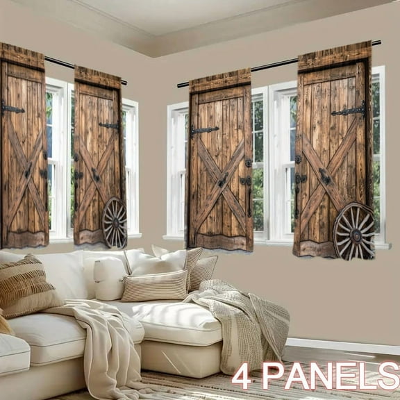 WNOOHIY 4 Panels Brown Wood Grain Barn Door Light-filtering Curtains for Living Room, Bedroom, Outdoor Decoration
