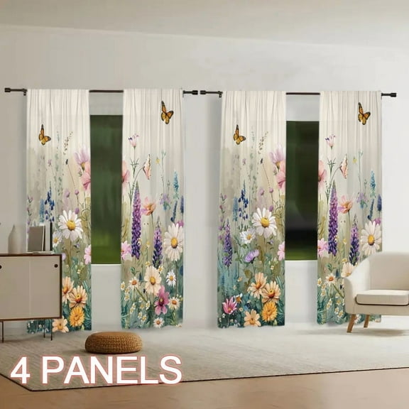 WNOOHIY 4 Panels Spring Colorful Garden Theme Butterfly Floral Pattern Light-filtering Curtains for Living Room, Bedroom, Outdoor Decoration