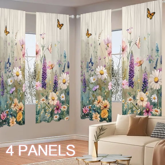 WNOOHIY 4 Panels Spring Colorful Garden Theme Butterfly Floral Pattern Light-filtering Curtains for Living Room, Bedroom, Outdoor Decoration