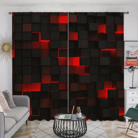 WNOOHIY Abstract Black Red Geometric Cubes Light Filtering Curtains for Living Room Bedroom, Set of 2 Panels