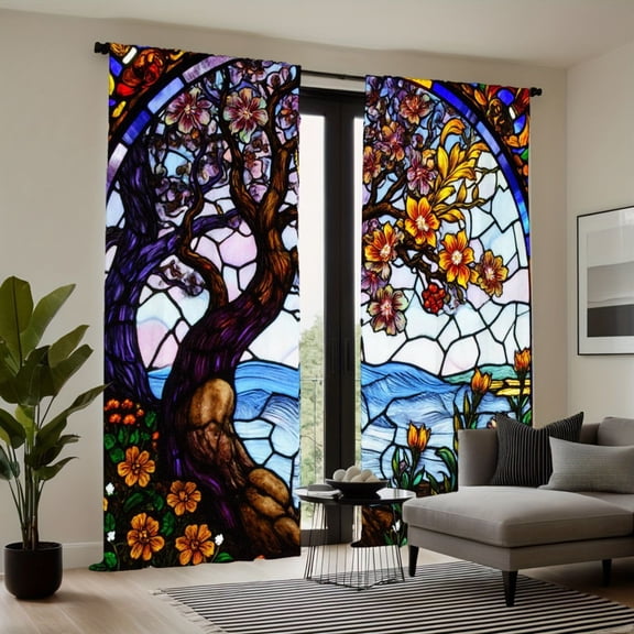 WNOOHIY Art Nouveau Tree of Life Stained Glass Pattern Light Filtering Curtain Panels