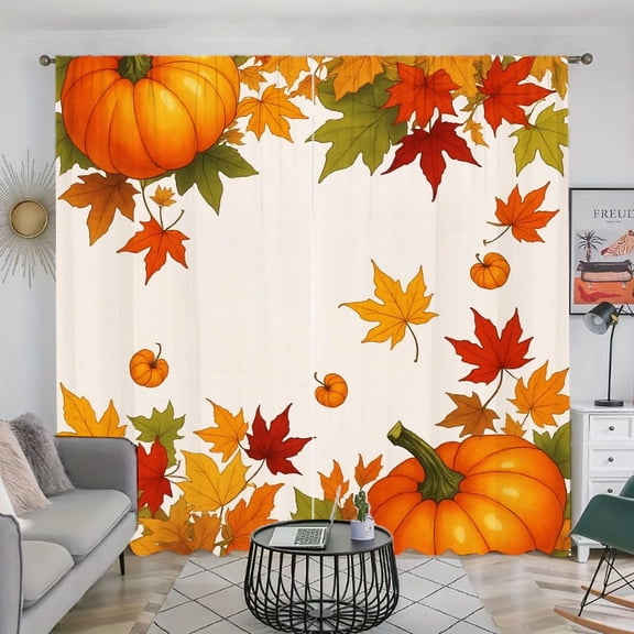WNOOHIY Autumn Harvest Pumpkin Maple Leaf Light Filtering Curtains for Living Room Bedroom, Set of 2 Panels