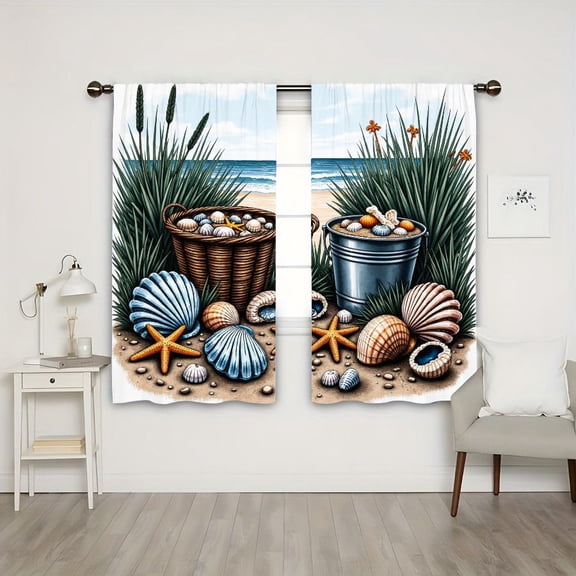 WNOOHIY Beach Seascape Seashells and Starfish Pattern Light-filtering Curtains for Living Room Bedroom, 21x46inx2pcs