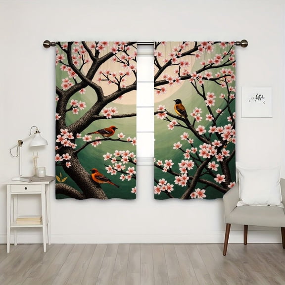 WNOOHIY Birds on Cherry Blossom Tree Pattern Light-filtering Curtains for Living Room Bedroom, 21x46inx2pcs