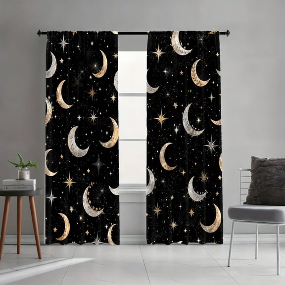 WNOOHIY Black Gold Galaxy Celestial Moon Star Light Filtering Curtains, Festive Holiday Decor, All-Season Curtains for Living Room Bedroom Dormitory Decoration, 2 Panels