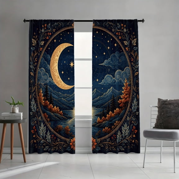 WNOOHIY Black Gold Starry Sky Celestial Moon Landscape Art Light Filtering Curtains, Vintage Botanical Decor, All-Season Curtains for Living Room Bedroom Dormitory, 2 Panels