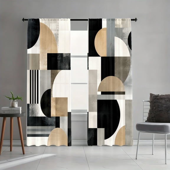 WNOOHIY Black Gold Tan Circle Square Geometric Abstract Light-Filtering Curtains, 2 Panels for Living Room Bedroom Dining Room