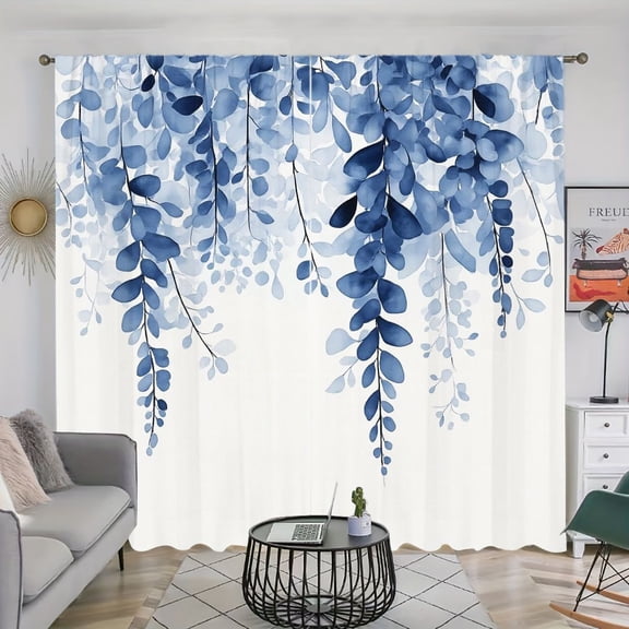 WNOOHIY Blue Botanical Leaves Light Filtering Curtains for Living Room Bedroom, Set of 2 Panels