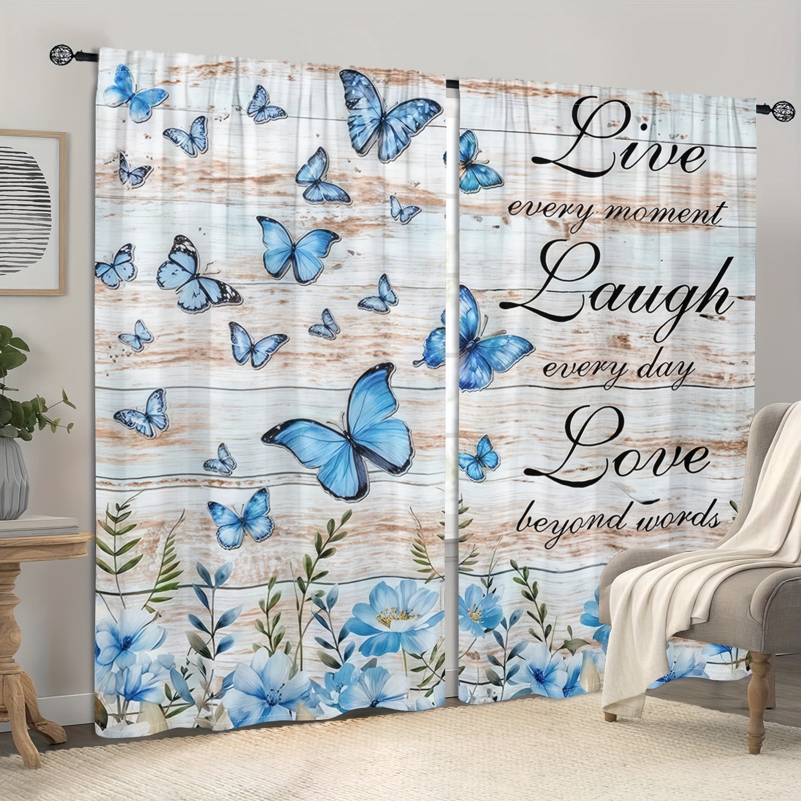 WNOOHIY Blue Butterfly Flower Wood Texture Background Curtains for Bedroom and Living Room, Set of 2 Panels