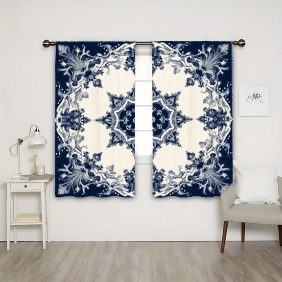 WNOOHIY Blue White Floral Medallion Light-Filtering Curtains, 2 Panels For Vintage Style Room Design